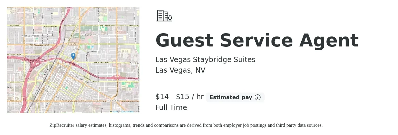 Las Vegas Staybridge Suites job posting for a Guest Service Agent in Las Vegas, NV with a salary of $15 to $16 Hourly with a map of Las Vegas location.