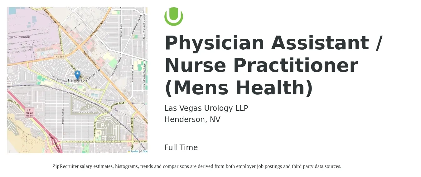 Las Vegas Urology LLP job posting for a Physician Assistant / Nurse Practitioner (Men's Health) in Henderson, NV with a salary of $90,400 to $122,400 Yearly with a map of Henderson location.