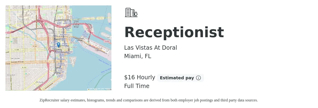 Las Vistas At Doral job posting for a Receptionist in Miami, FL with a salary of $17 Hourly with a map of Miami location.