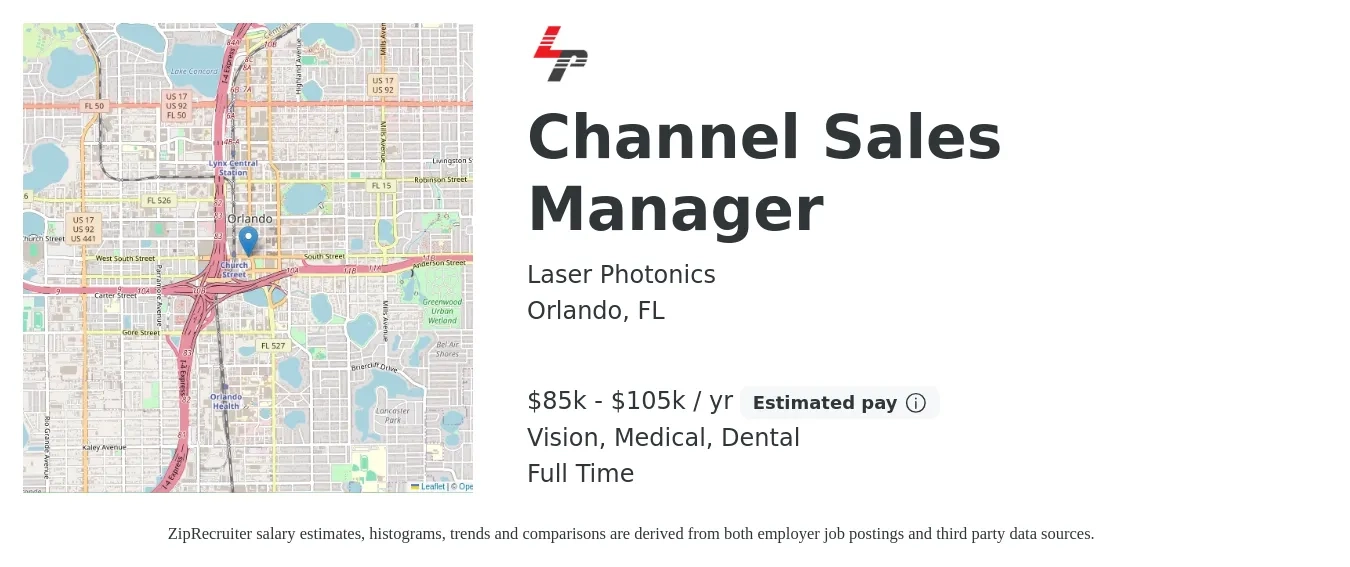 Laser Photonics job posting for a Channel Sales Manager in Orlando, FL with a salary of $85,000 to $105,000 Yearly and benefits including life_insurance, medical, vision, and dental with a map of Orlando location.