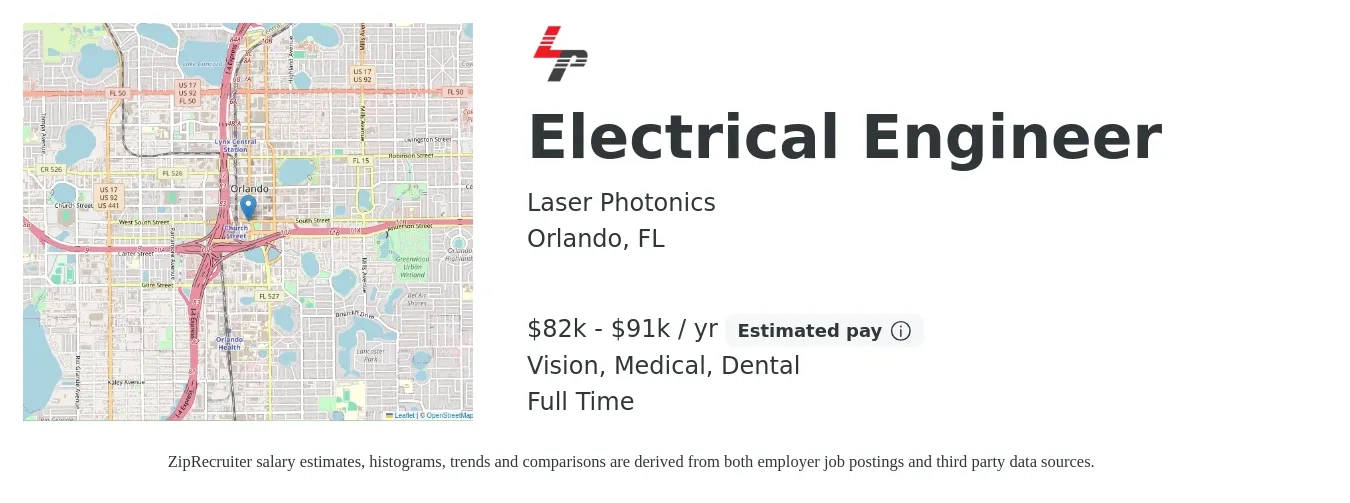 Laser Photonics job posting for a Electrical Engineer in Orlando, FL with a salary of $82,500 to $91,600 Yearly and benefits including dental, life_insurance, medical, and vision with a map of Orlando location.