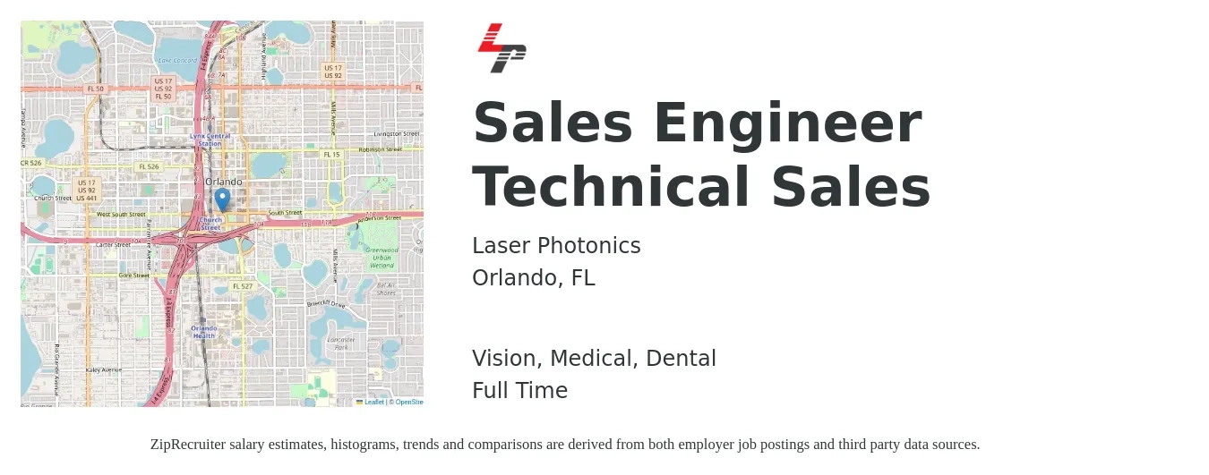 Laser Photonics job posting for a Sales Engineer Technical Sales in Orlando, FL with a salary of $63,900 to $93,400 Yearly and benefits including dental, life_insurance, medical, and vision with a map of Orlando location.