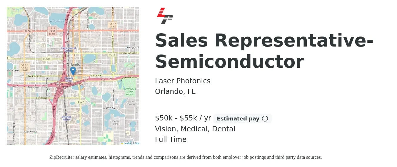 Laser Photonics job posting for a Sales Representative- Semiconductor in Orlando, FL with a salary of $50,000 to $55,000 Yearly (plus commission) and benefits including dental, life_insurance, medical, pto, and vision with a map of Orlando location.
