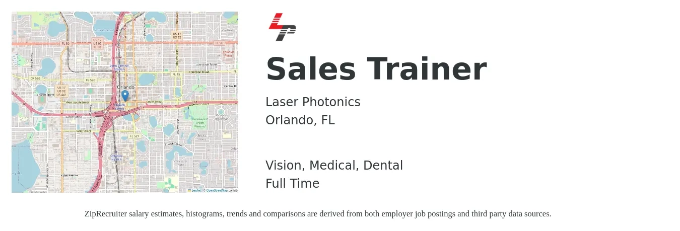 Laser Photonics job posting for a Sales Trainer in Orlando, FL with a salary of $46,700 to $74,700 Yearly and benefits including dental, life_insurance, medical, pto, and vision with a map of Orlando location.