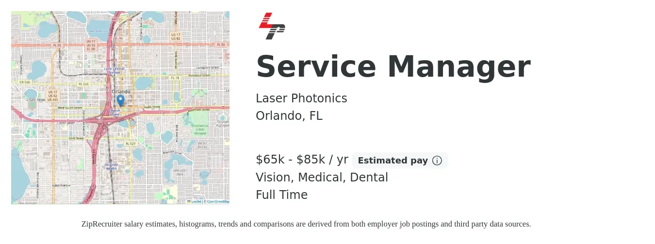 Laser Photonics job posting for a Service Manager in Orlando, FL with a salary of $65,000 to $85,000 Yearly and benefits including life_insurance, medical, pto, vision, and dental with a map of Orlando location.