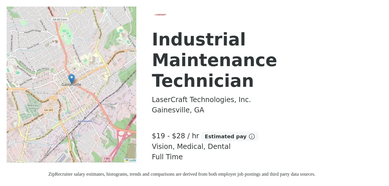 LaserCraft Technologies, Inc. job posting for a Industrial Maintenance Technician in Gainesville, GA with a salary of $20 to $30 Hourly and benefits including medical, pto, vision, dental, and life_insurance with a map of Gainesville location.