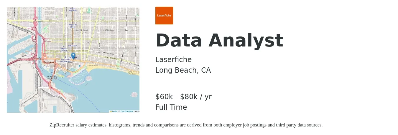 Laserfiche job posting for a Data Analyst in Long Beach, CA with a salary of $60,000 to $80,000 Yearly with a map of Long Beach location.