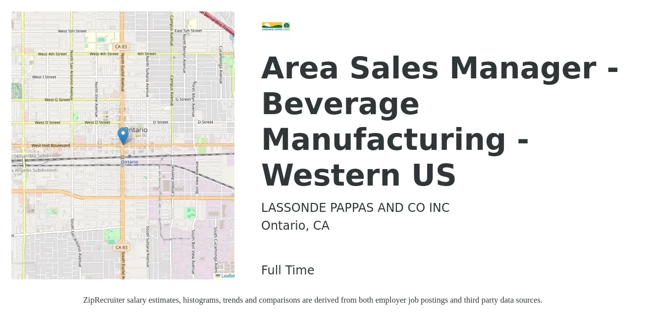 LASSONDE PAPPAS AND CO INC job posting for a Area Sales Manager - Beverage Manufacturing - Western US in Ontario, CA with a salary of $72,300 to $112,900 Yearly with a map of Ontario location.