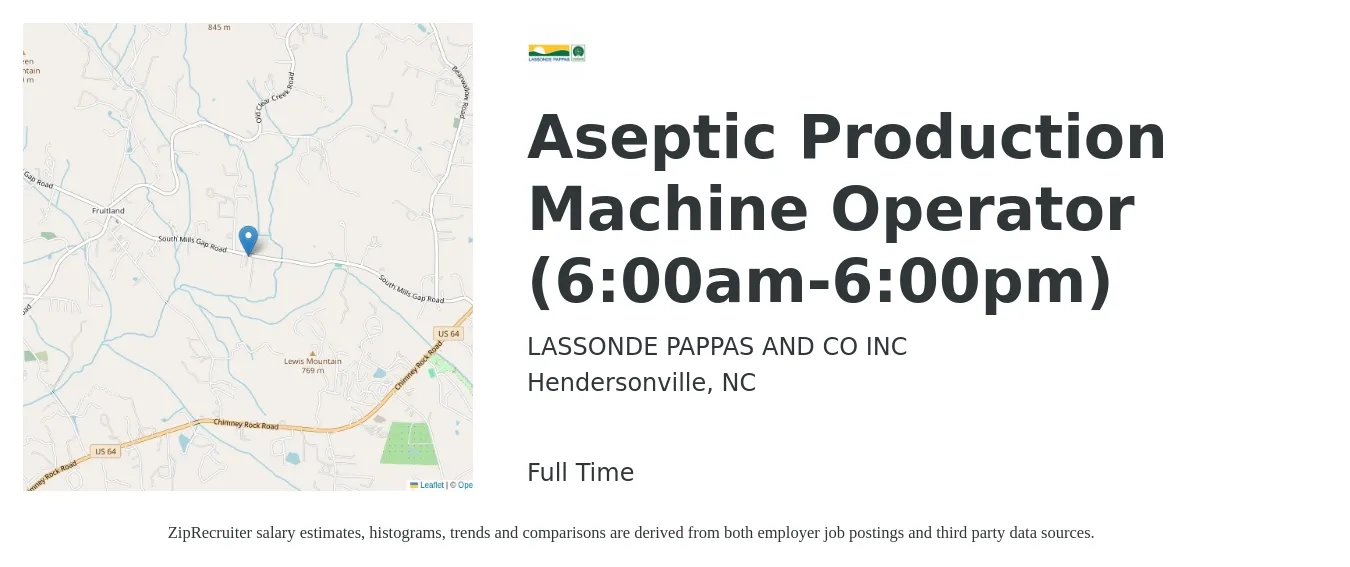 LASSONDE PAPPAS AND CO INC job posting for a Aseptic Production Machine Operator (6:00am-6:00pm) in Hendersonville, NC with a salary of $14 to $18 Hourly with a map of Hendersonville location.
