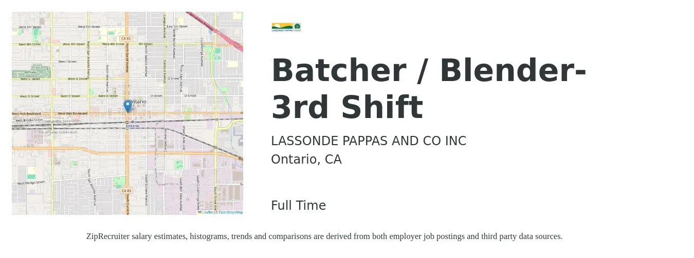 LASSONDE PAPPAS AND CO INC job posting for a Batcher / Blender- 3rd Shift in Ontario, CA with a salary of $18 to $22 Hourly with a map of Ontario location.