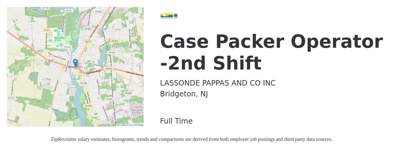 LASSONDE PAPPAS AND CO INC job posting for a Case Packer Operator -2nd Shift in Bridgeton, NJ with a salary of $16 to $17 Hourly with a map of Bridgeton location.