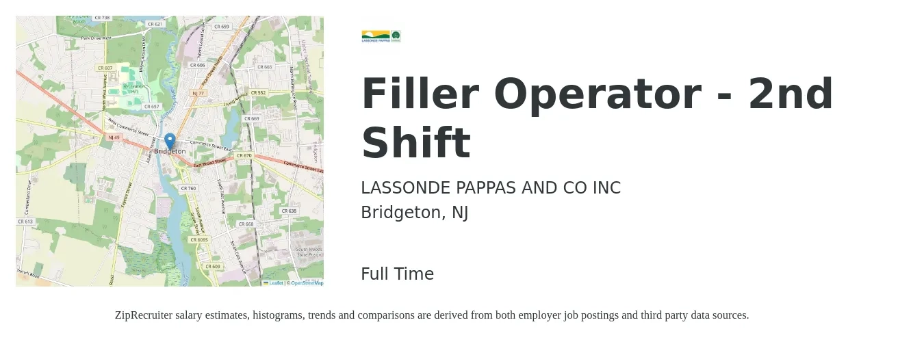 LASSONDE PAPPAS AND CO INC job posting for a Filler Operator - 2nd Shift in Bridgeton, NJ with a salary of $17 to $24 Hourly with a map of Bridgeton location.