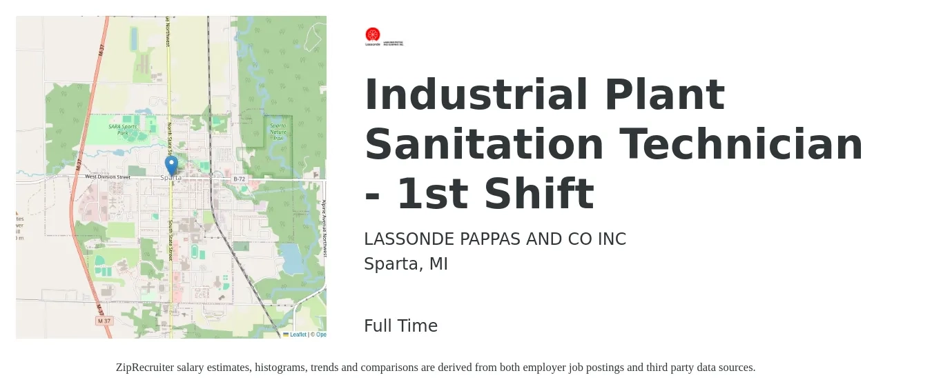 LASSONDE PAPPAS AND CO INC job posting for a Industrial Plant Sanitation Technician - 1st Shift in Sparta, MI with a salary of $16 to $19 Hourly with a map of Sparta location.