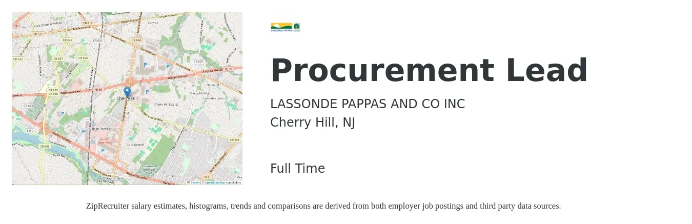 LASSONDE PAPPAS AND CO INC job posting for a Procurement Lead in Cherry Hill, NJ with a salary of $73,400 to $113,000 Yearly with a map of Cherry Hill location.