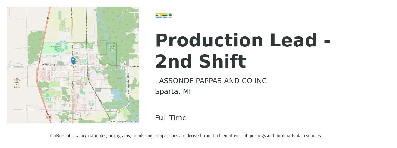 LASSONDE PAPPAS AND CO INC job posting for a Production Lead - 2nd Shift in Sparta, MI with a salary of $18 to $24 Hourly with a map of Sparta location.