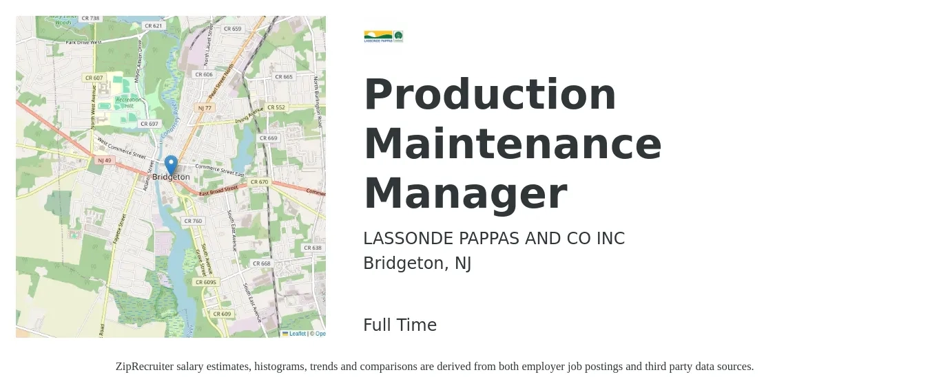 LASSONDE PAPPAS AND CO INC job posting for a Production Maintenance Manager in Bridgeton, NJ with a salary of $24 to $40 Hourly with a map of Bridgeton location.