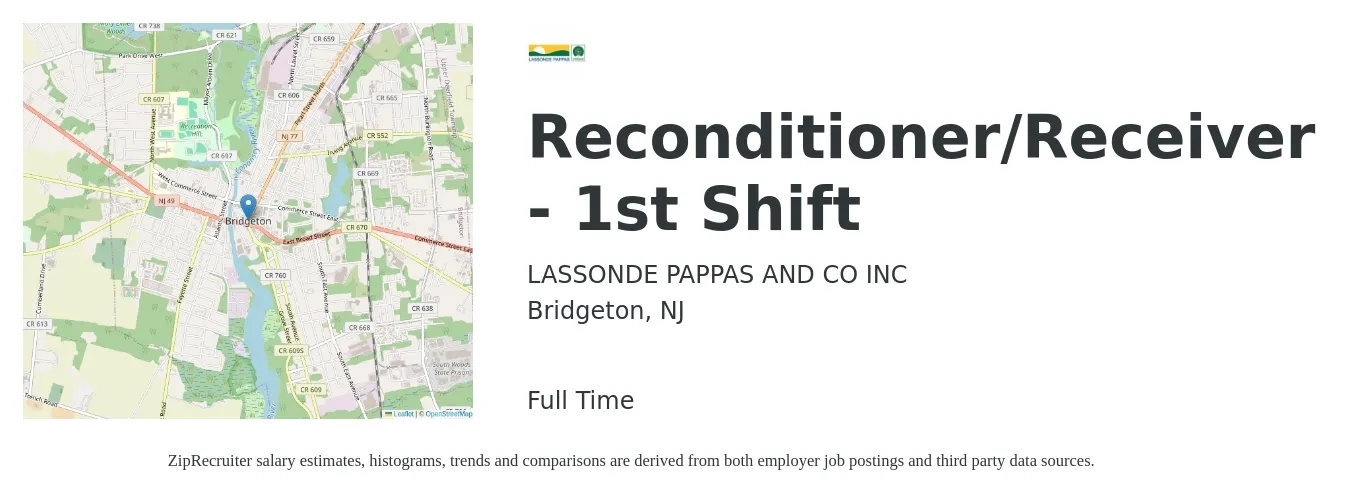 LASSONDE PAPPAS AND CO INC job posting for a Reconditioner/Receiver - 1st Shift in Bridgeton, NJ with a salary of $16 to $20 Hourly with a map of Bridgeton location.