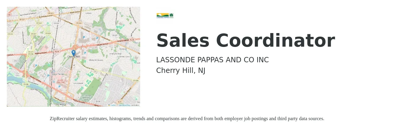 LASSONDE PAPPAS AND Co., Inc. job posting for a Sales Coordinator in Cherry Hill, NJ with a salary of $18 to $26 Hourly with a map of Cherry Hill location.
