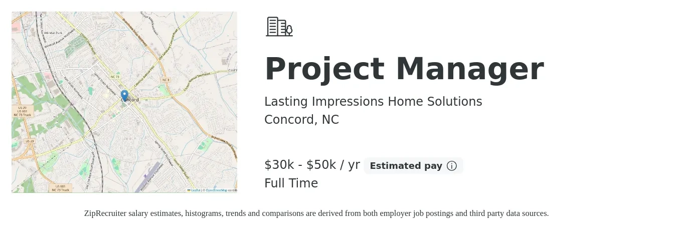 Lasting Impressions Home Solutions job posting for a Project Manager in Concord, NC with a salary of $30,000 to $50,000 Yearly with a map of Concord location.