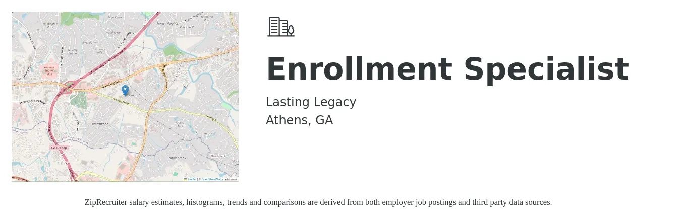 Lasting Legacy job posting for a Enrollment Specialist in Athens, GA with a salary of $39,600 to $112,500 Yearly with a map of Athens location.