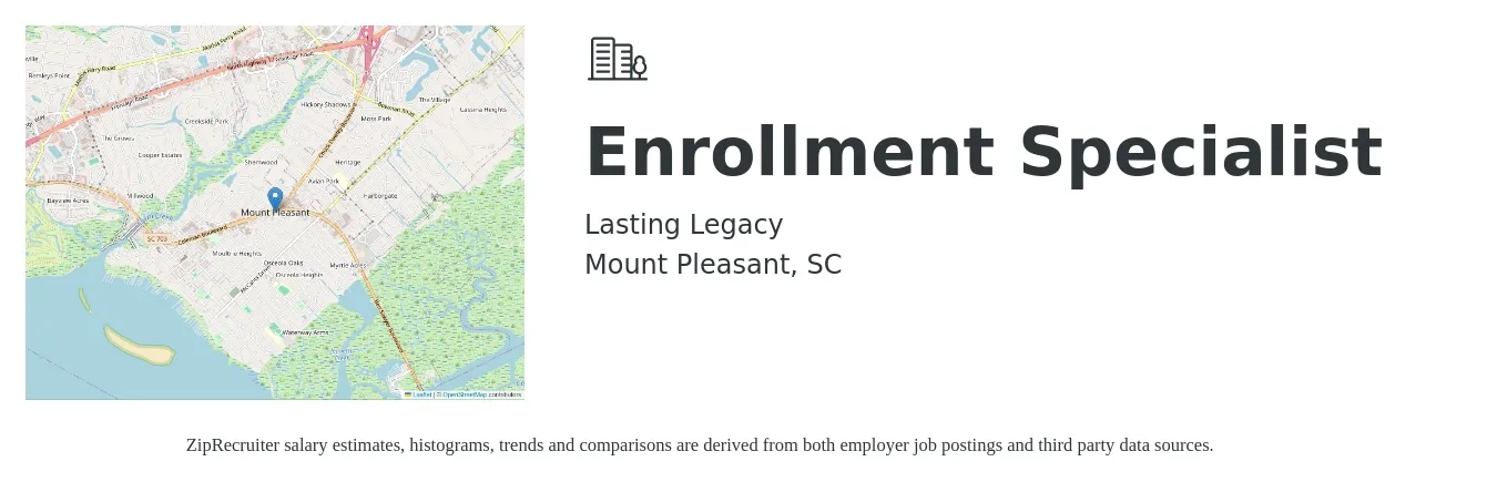 Lasting Legacy job posting for a Enrollment Specialist in Mount Pleasant, SC with a salary of $39,200 to $111,400 Yearly with a map of Mount Pleasant location.