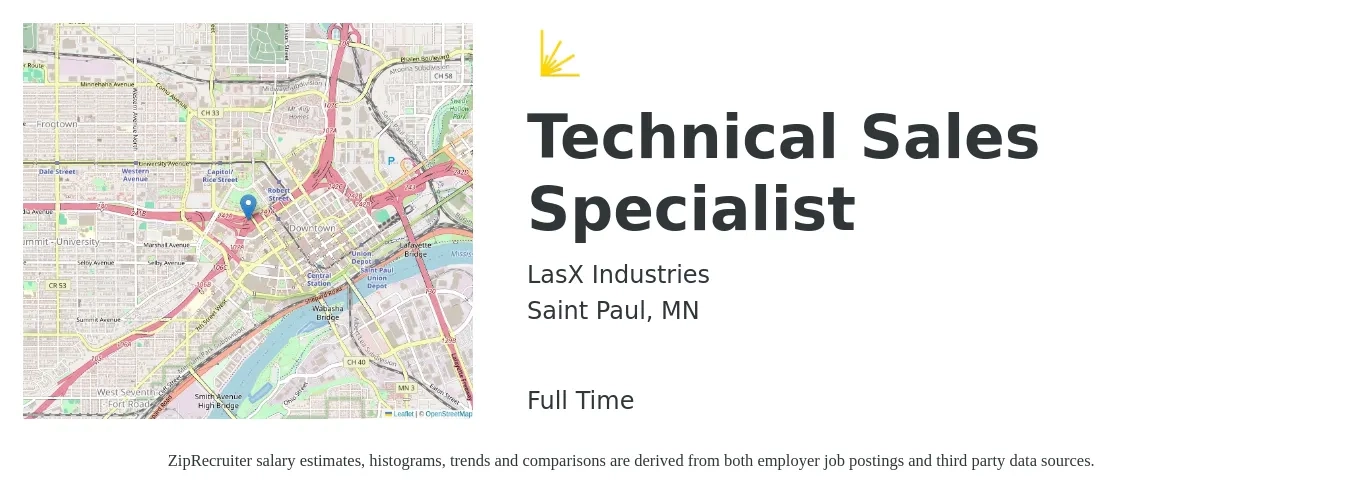 LasX Industries job posting for a Technical Sales Specialist in Saint Paul, MN with a salary of $58,200 to $93,000 Yearly with a map of Saint Paul location.