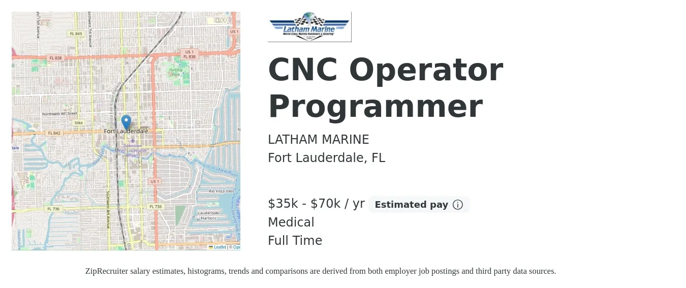 LATHAM MARINE job posting for a CNC Operator Programmer in Fort Lauderdale, FL with a salary of $35,000 to $70,000 Yearly and benefits including medical with a map of Fort Lauderdale location.
