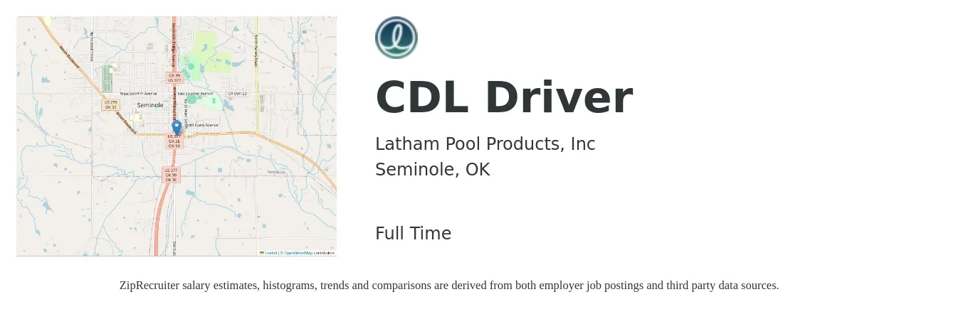 Latham Pool Products, Inc job posting for a CDL Driver in Seminole, OK with a salary of $19 to $32 Hourly with a map of Seminole location.