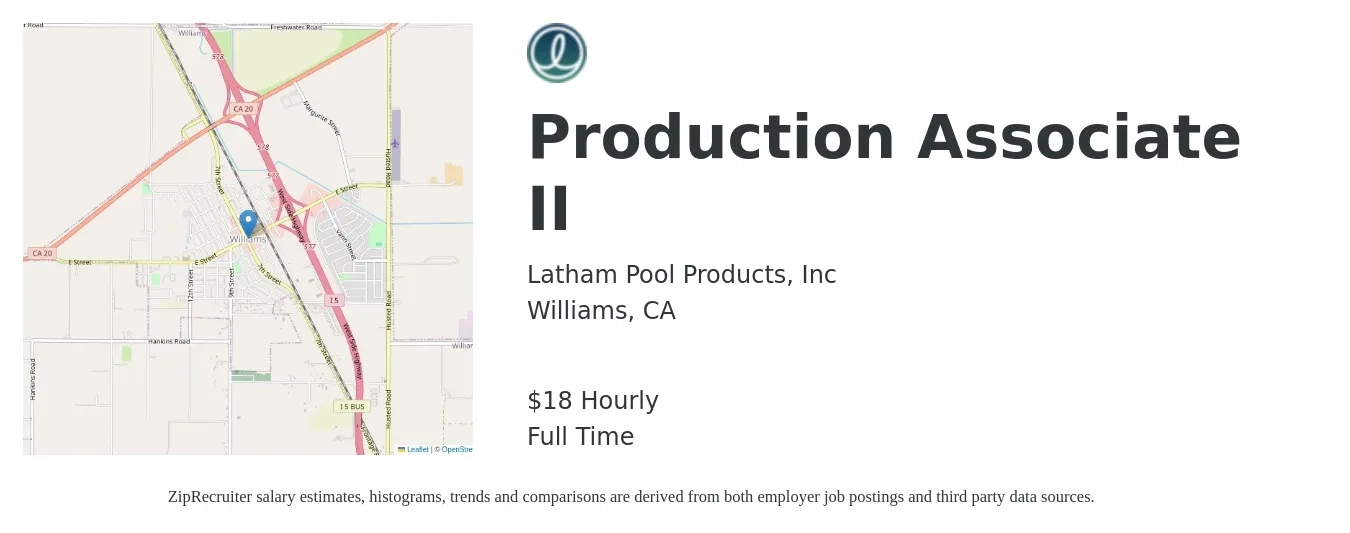 Latham Pool Products, Inc job posting for a Production Associate II in Williams, CA with a salary of $19 to $21 Hourly with a map of Williams location.