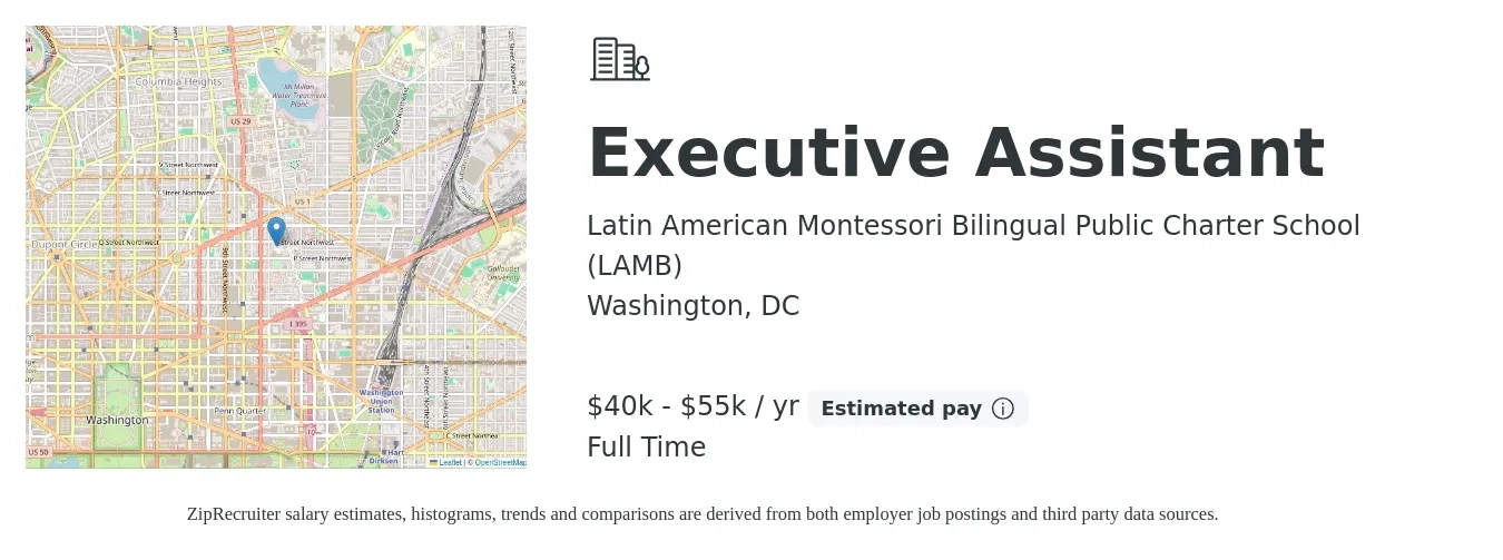 Latin American Montessori Bilingual Public Charter School (LAMB) job posting for a Executive Assistant in Washington, DC with a salary of $40,000 to $55,000 Yearly with a map of Washington location.