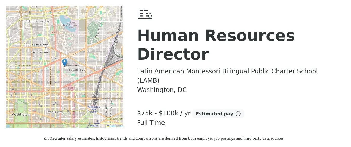 Latin American Montessori Bilingual Public Charter School (LAMB) job posting for a Human Resources Director in Washington, DC with a salary of $75,000 to $100,000 Yearly with a map of Washington location.