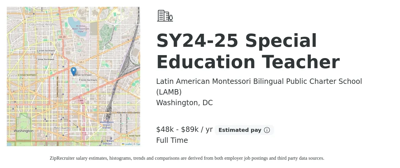Latin American Montessori Bilingual Public Charter School (LAMB) job posting for a SY24-25 Special Education Teacher in Washington, DC with a salary of $48,900 to $89,530 Yearly with a map of Washington location.