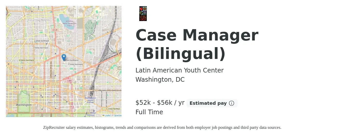 Latin American Youth Center job posting for a Case Manager (Bilingual) in Washington, DC with a salary of $52,000 to $54,000 Yearly with a map of Washington location.