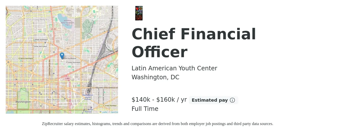 Latin American Youth Center job posting for a Chief Financial Officer in Washington, DC with a salary of $140,000 to $160,000 Yearly with a map of Washington location.