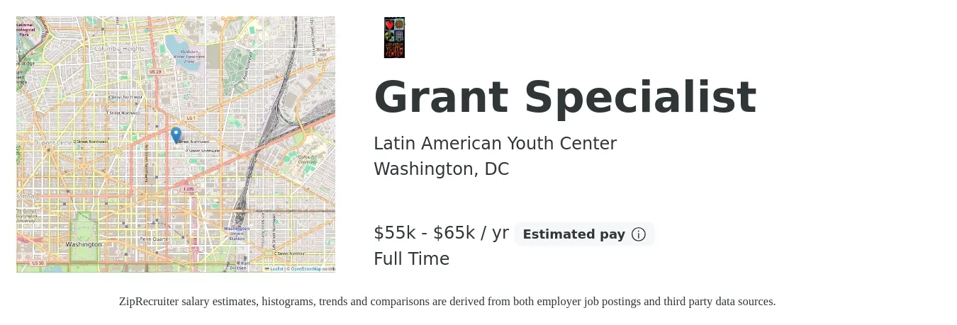 Latin American Youth Center job posting for a Grant Specialist in Washington, DC with a salary of $55,000 to $65,000 Yearly with a map of Washington location.