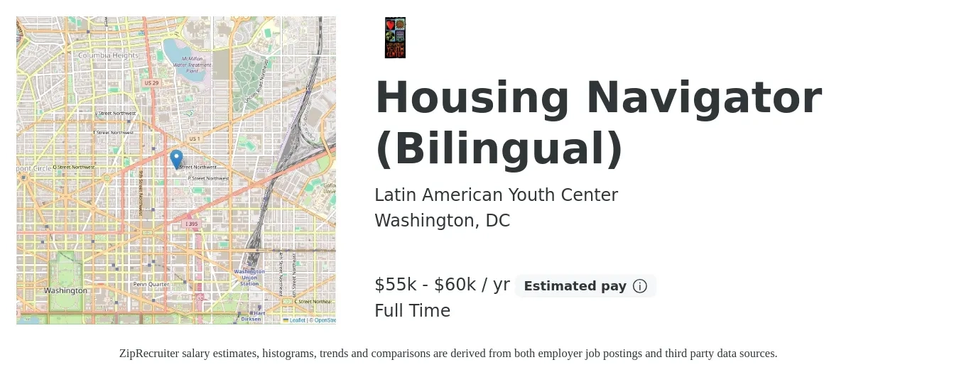 Latin American Youth Center job posting for a Housing Navigator (Bilingual) in Washington, DC with a salary of $55,000 to $60,000 Yearly with a map of Washington location.