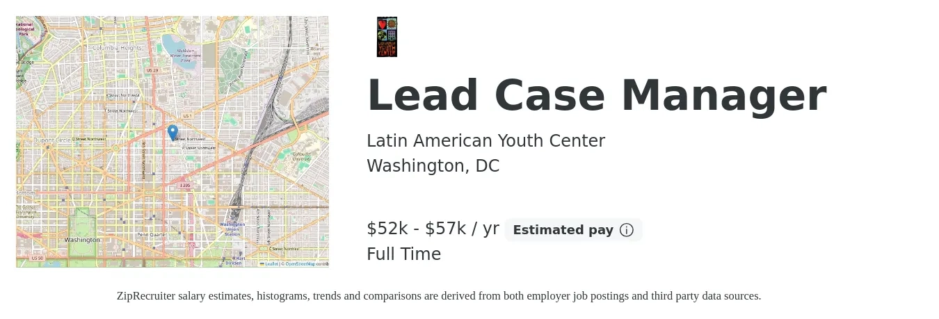 Latin American Youth Center job posting for a Lead Case Manager in Washington, DC with a salary of $52,000 to $57,000 Yearly with a map of Washington location.