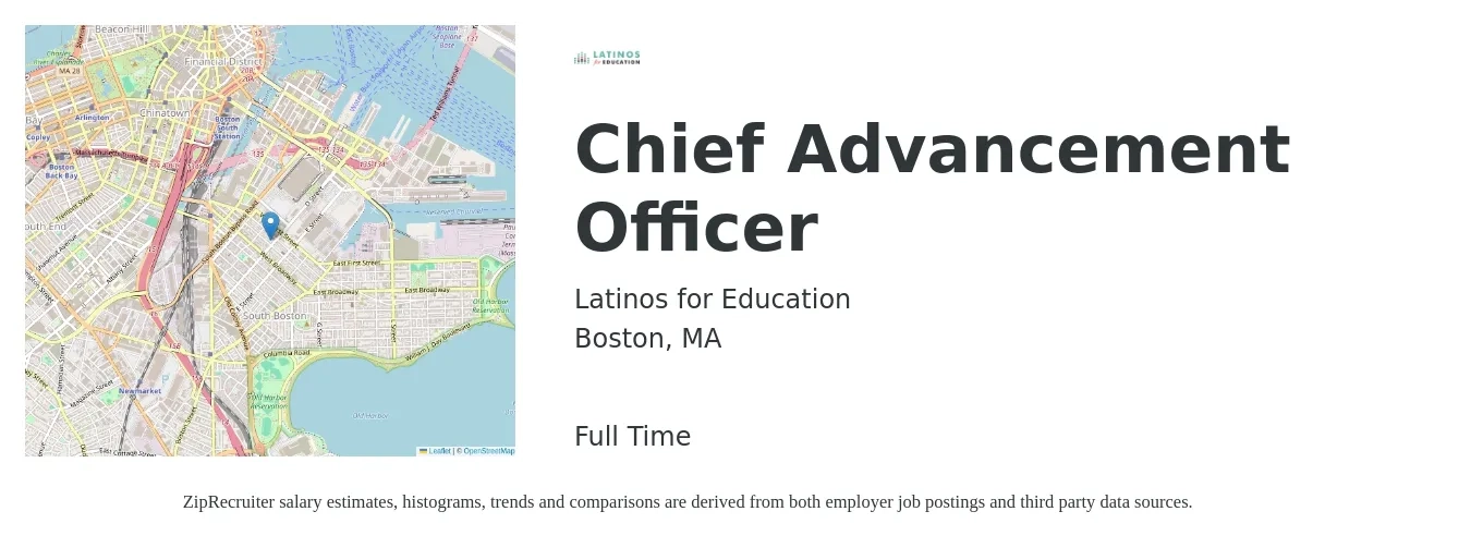 Latinos for Education job posting for a Chief Advancement Officer in Boston, MA with a salary of $121,100 to $201,000 Yearly with a map of Boston location.
