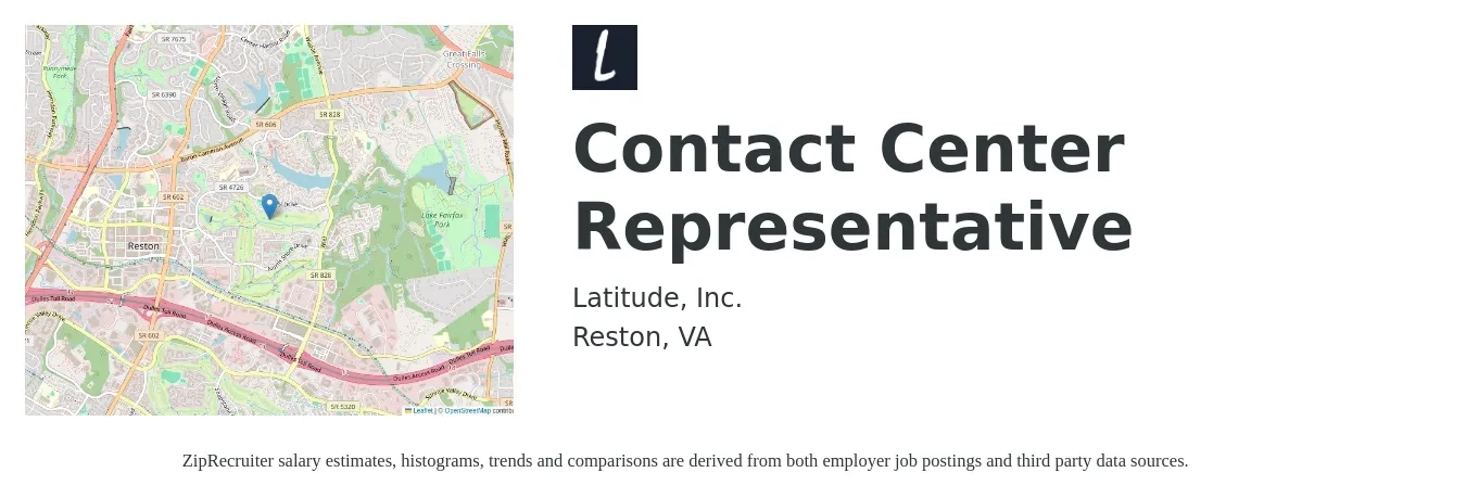 Latitude, Inc. job posting for a Contact Center Representative in Reston, VA with a salary of $18 to $24 Hourly with a map of Reston location.