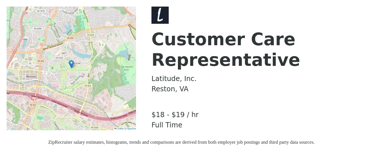 Latitude, Inc. job posting for a Customer Care Representative in Reston, VA with a salary of $19 to $20 Hourly with a map of Reston location.