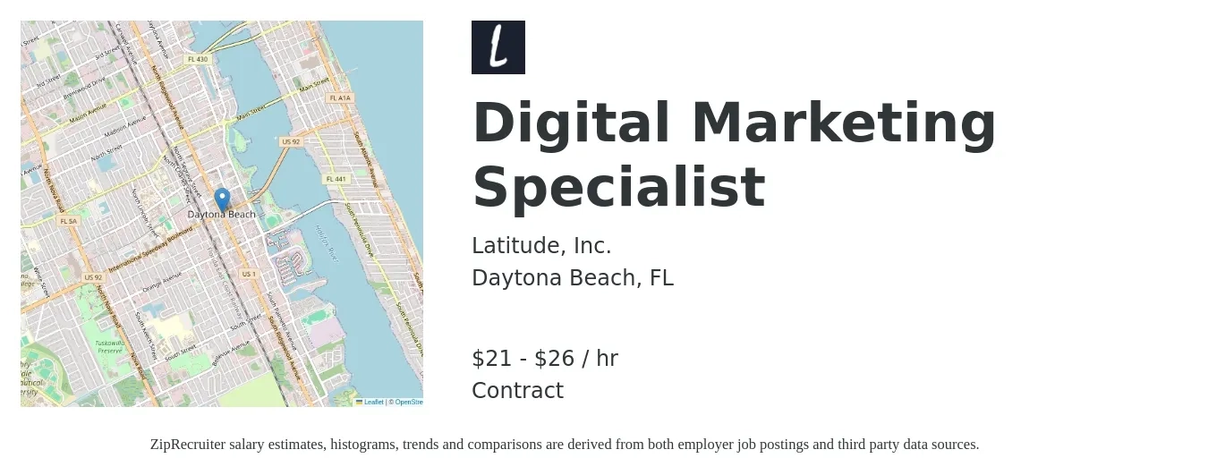 Latitude, Inc. job posting for a Digital Marketing Specialist in Daytona Beach, FL with a salary of $22 to $32 Hourly with a map of Daytona Beach location.