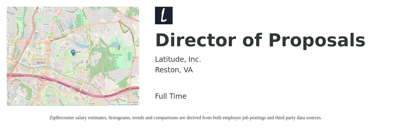Latitude, Inc. job posting for a Director of Proposals in Reston, VA with a salary of $140 to $147 Yearly with a map of Reston location.