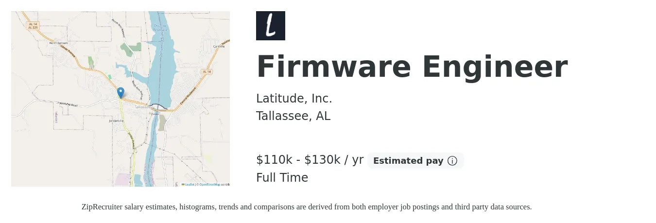 Latitude, Inc. job posting for a Firmware Engineer in Tallassee, AL with a salary of $110,000 to $130,000 Yearly with a map of Tallassee location.