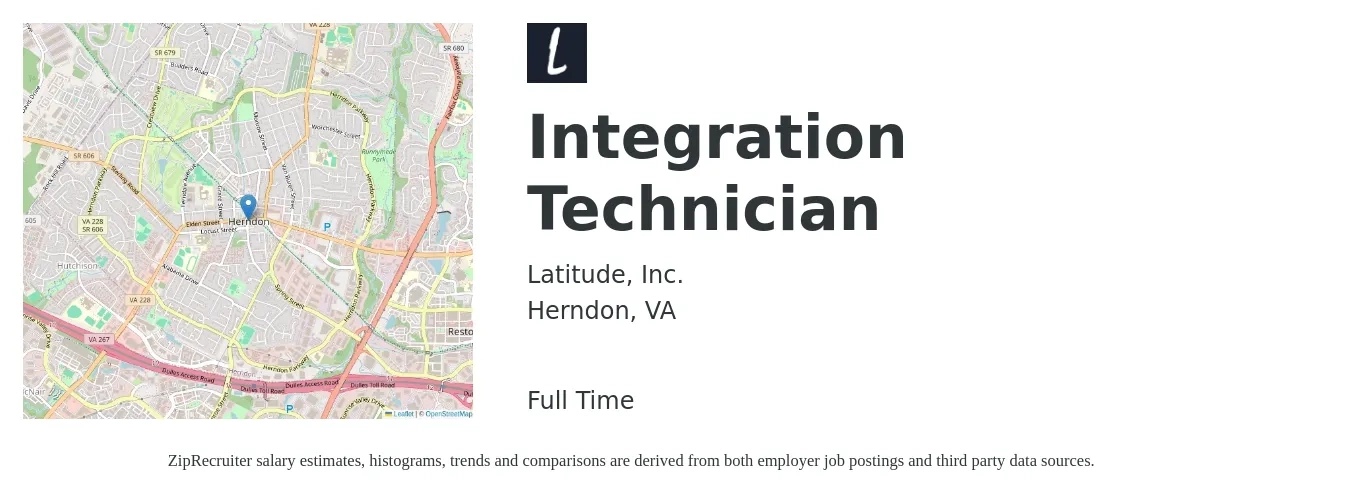 Latitude, Inc. job posting for a Integration Technician in Herndon, VA with a salary of $23 to $39 Hourly with a map of Herndon location.