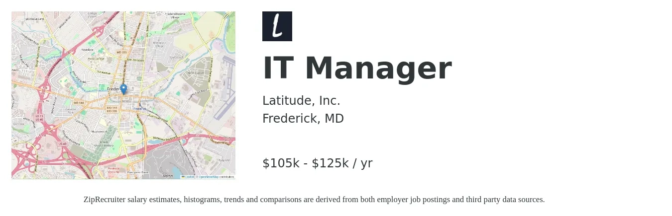 latitude job posting for a IT Manager in Frederick, MD with a salary of $105,000 to $125,000 Yearly with a map of Frederick location.