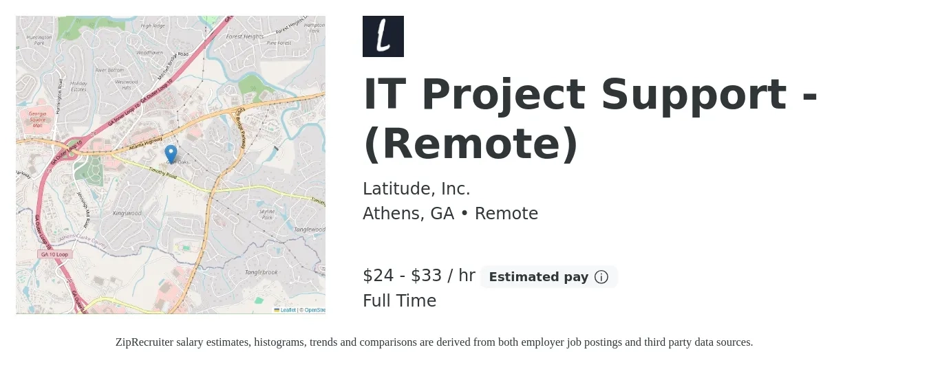 Latitude, Inc. job posting for a IT Project Support - (Remote) in Athens, GA with a salary of $25 to $35 Hourly with a map of Athens location.