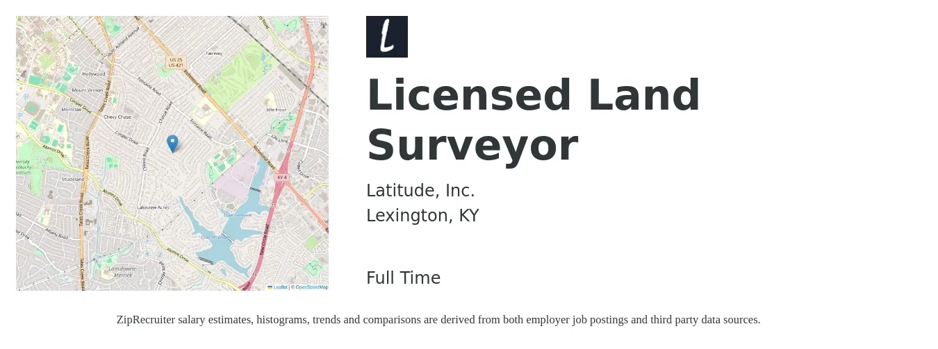 Latitude, Inc. job posting for a Licensed Land Surveyor in Lexington, KY with a salary of $79,500 to $108,800 Yearly with a map of Lexington location.