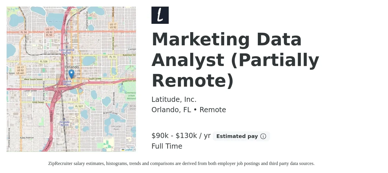Latitude, Inc. job posting for a Marketing Data Analyst (Partially Remote) in Orlando, FL with a salary of $90,000 to $130,000 Yearly with a map of Orlando location.