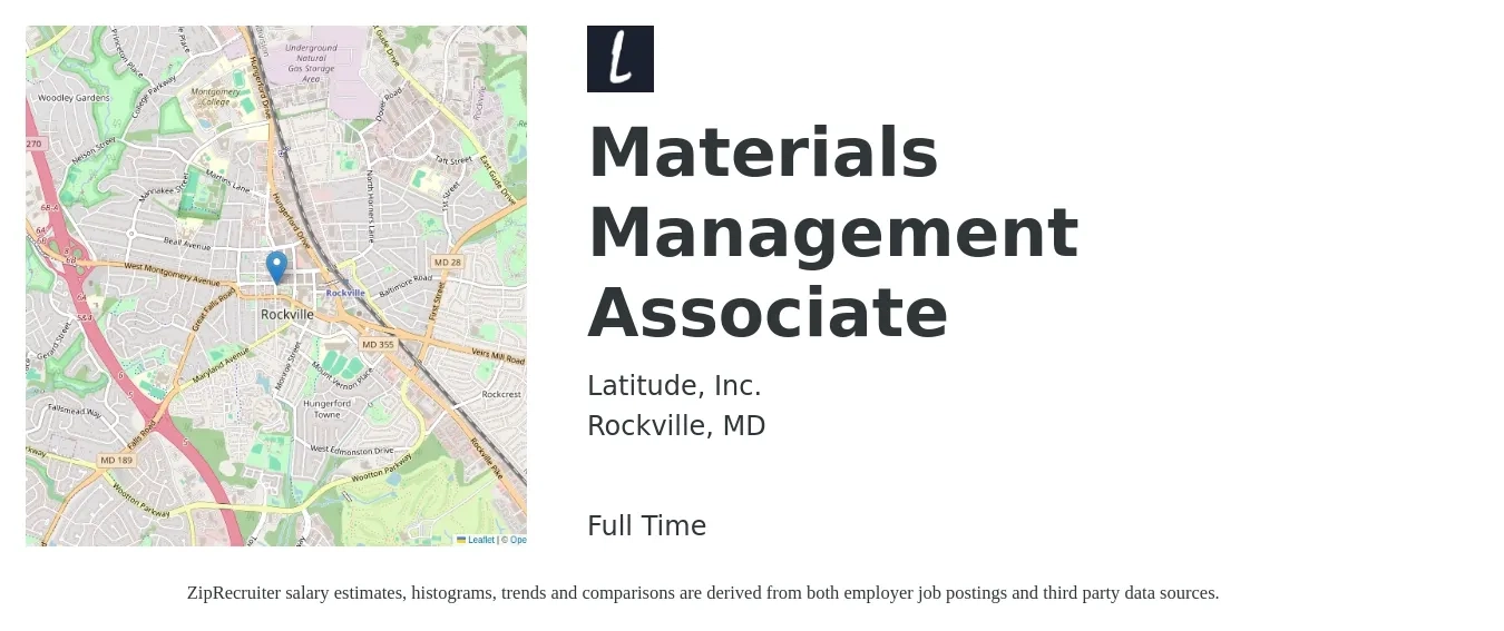 Latitude, Inc. job posting for a Materials Management Associate in Rockville, MD with a salary of $45 to $50 Yearly with a map of Rockville location.