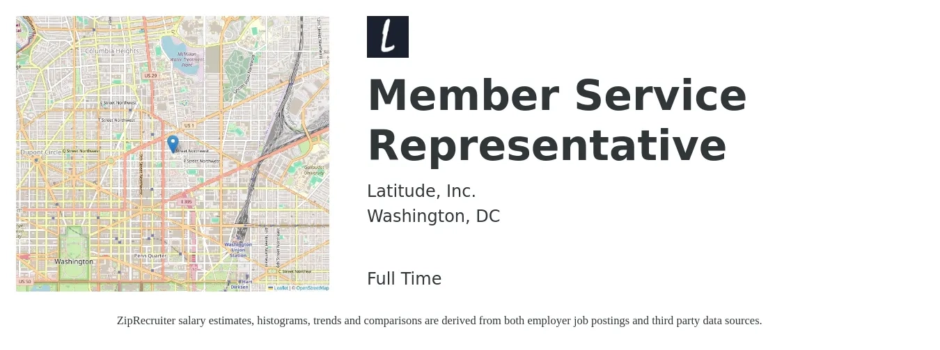 Latitude, Inc. job posting for a Member Service Representative in Washington, DC with a salary of $19 Hourly with a map of Washington location.